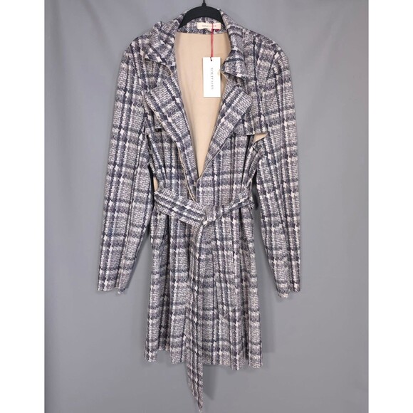 SOLITAIRE Anthropologie New Women Plaid Wrap Jacket Dress Belted Gray LARGE